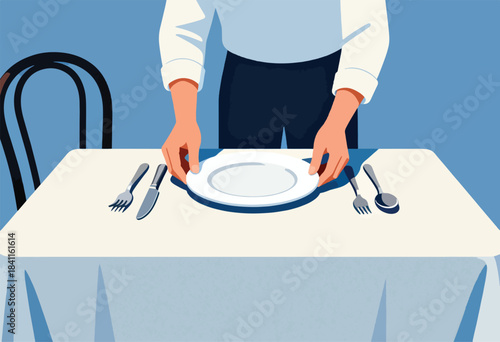 A server in a white shirt and dark pants places a plate on a table set with cutlery. A chair sits on the side