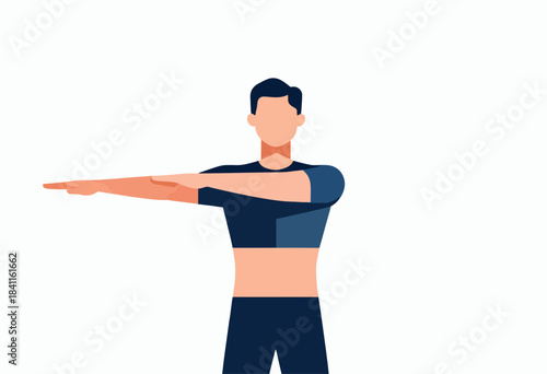 Vector illustration of a male figure stretching. Arms are outstretched in front, torso visible. Geometric shapes. White backdrop