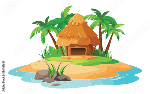 Small Tropical Island Hut Surrounded by Palm Trees