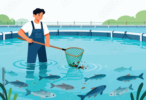 An illustration shows a person fishing in a farm pond with net. Several fish swim. Water, sky, and landscape