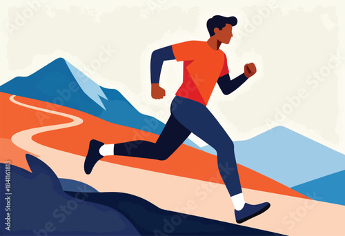 A stylized illustration depicts a runner in motion along a winding trail against a mountainous backdrop