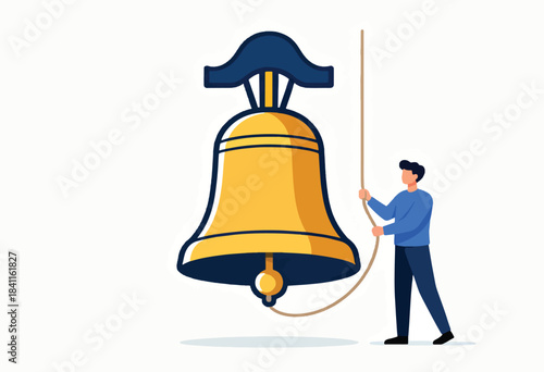 Illustration of a person pulling a rope to ring a large, ornate bell. The bell hangs from above