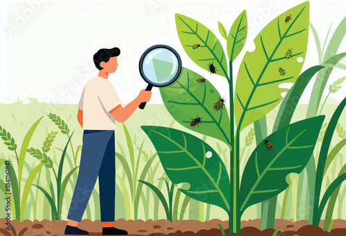 An illustrated person examines a plant with a magnifying glass, focusing on insects. Bugs and a grassy area