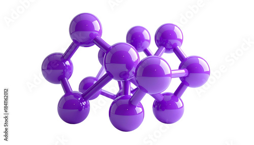 A 3D rendered purple molecular structure with connected spheres, against a stark black background. It appears shiny with light reflections