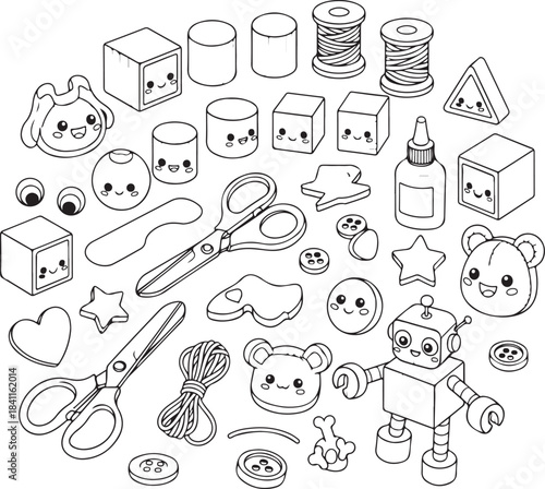 Charming hand drawn illustration of crafting supplies featuring adorable kawaii faces and a robot character, Generative Ai