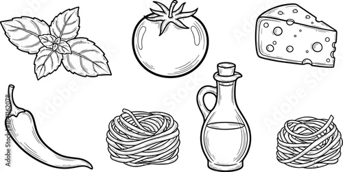 Seamless pattern with cheese platter in doodle style with various gourmet pieces. Line art illustrations, camembert, cheddar, grapes on charcuterie board