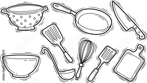 Monochrome seamless pattern of hand-drawn kitchen utensils and cookware. A vector illustration background with cooking tools, pots, pans, and whisks for culinary