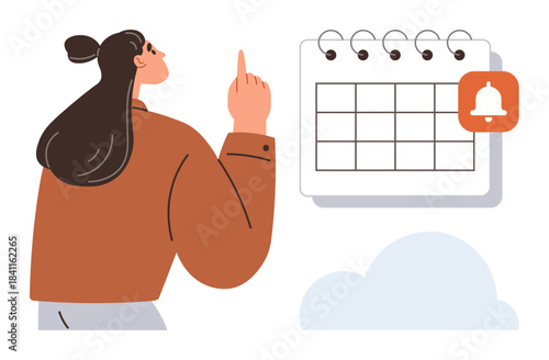 Woman pointing toward a calendar with a notification bell, suggesting reminder or task scheduling. Ideal for productivity, planning, organization, time management, reminders, scheduling, deadlines