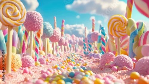 A candy land with many different colored lollipops. There are many different colors of lollipops, including pink, yellow, and green