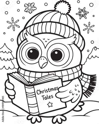 Cute Winter Owl Reading Christmas Tales Coloring Page