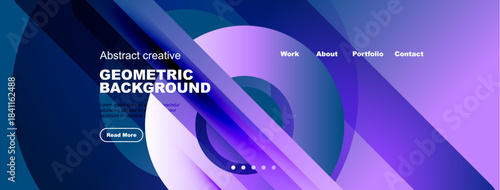 Abstract website header design. Blue, purple gradients dominate. Text promotes geometric background, includes navigation options.