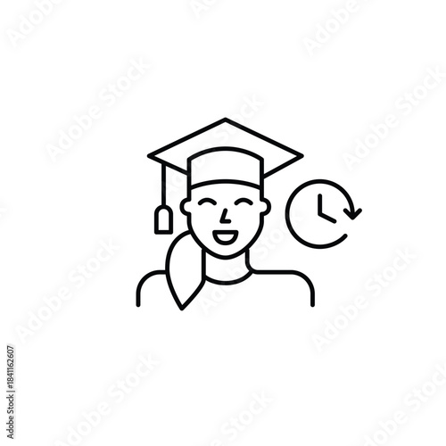 Woman wearing graduation hat and clock. University learning, higher education degrees. Pixel perfect, editable stroke vector icon