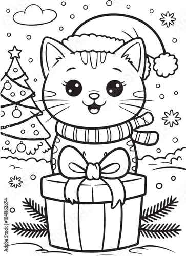 Adorable Cat Wearing Santa Hat and Scarf on Christmas Gift