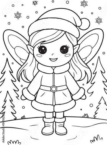 Cute Winter Elf Fairy Girl in a Snowy Scene Coloring