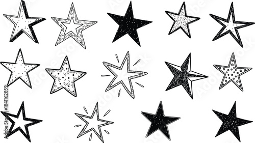 Collection of shooting star and static star icons in black and white, featuring various designs with trails and outlines, perfect for graphic design elements