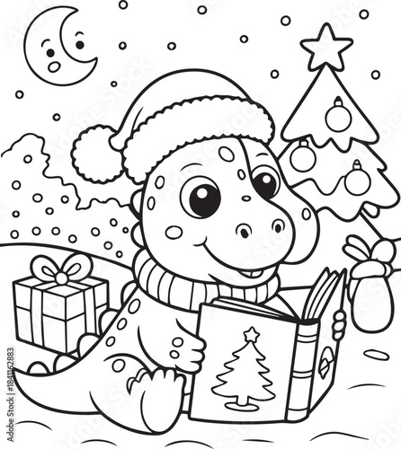 Cute Dinosaur Reading Christmas Story Coloring Page