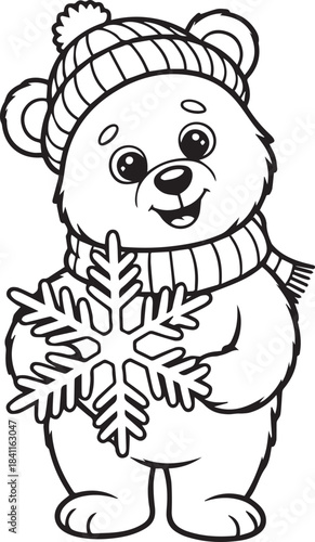 Happy Winter Bear with Snowflake Coloring Page