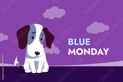 Lonely doggie on purple background illustration of sad dog for blue monday day vector banner