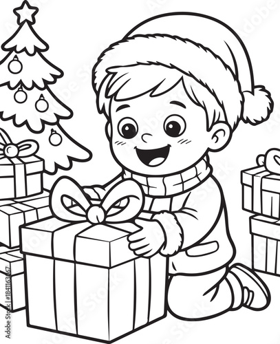 Happy Child Opening Christmas Gift Coloring Page