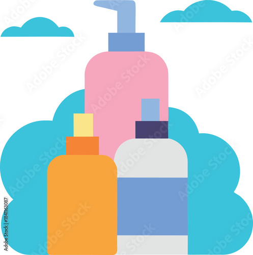 Three colorful pump bottles for soap or lotion with stylized clouds