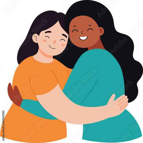Two diverse women hugging with happy expressions