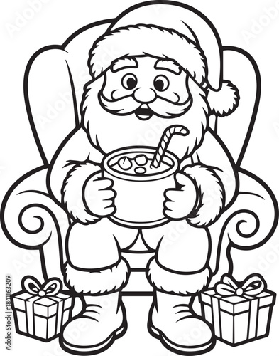 Jolly Santa relaxing with a warm drink and presents