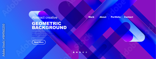 Modern website header design. Vibrant blue, purple gradients create dynamic geometric shapes. Text elements present portfolio information.