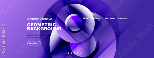 Purple abstract website design. Geometric shapes overlap, creating dynamic visual effect. Text elements present, navigation visible.