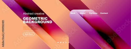 Abstract geometric design. Vibrant colors, flowing shapes, website header with navigation options. Modern aesthetic.