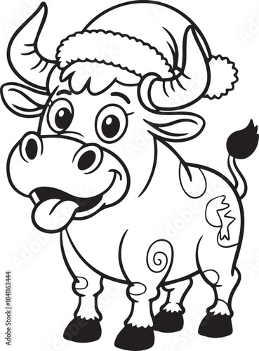 Happy Christmas ox wearing a Santa hat for coloring