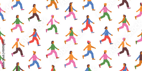 Diverse Group of People Running in a Repeating Pattern on White Background jogging walking