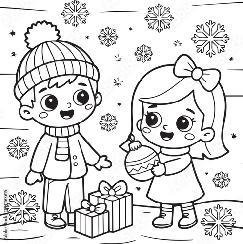 Happy children in winter clothes with Christmas presents
