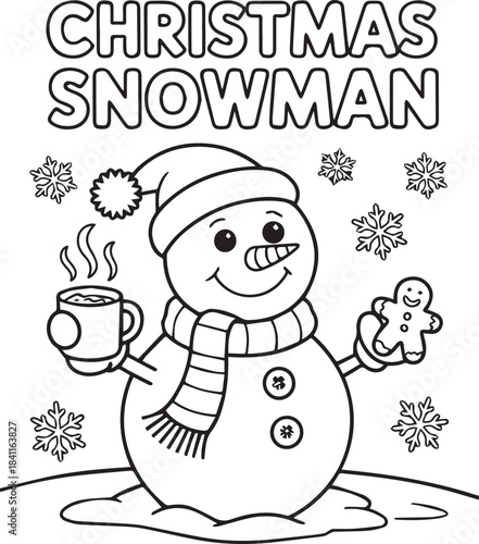 Adorable Christmas Snowman Enjoying Hot Drink and Cookie