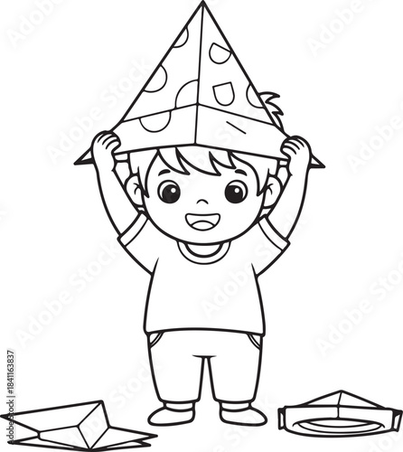Adorable cartoon child happily holding a large origami paper hat above their head with joy, Generative Ai