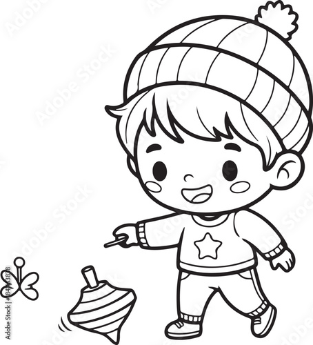 Adorable cartoon child in a winter hat happily playing with a spinning top and a butterfly, Generative Ai