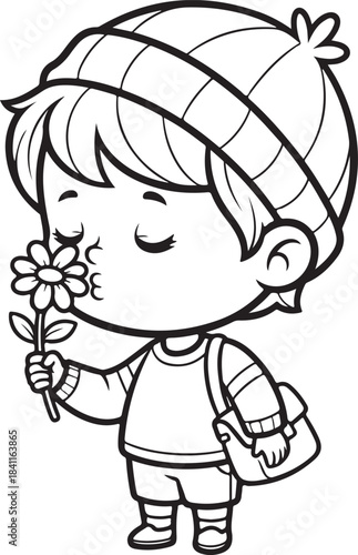 Adorable chibi character wearing a beanie and holding a flower to smell its fragrance, Generative Ai