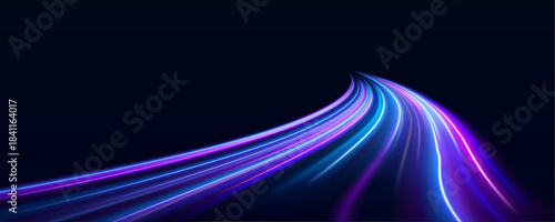 Curved luminous lines twist in dynamic motion, creating waves of vibrant energy. Sparks fly along their path. Ideal for modern posters and banners.