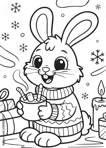 Cute Winter Bunny with Hot Cocoa Coloring Page