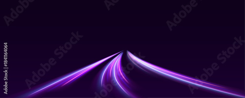 Bright purple and pink neon streaks twist dynamically on dark backgrounds. Energy pulses with every turn. Perfect for modern digital design. 