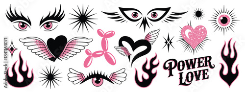 Pink and Black Retro Tattoo Style Graphic Elements with Eyes Hearts Flames and Stars Keywords: tattoo, retro, graphic, design, element, pink, black