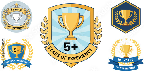 Years of Experience Badges Set. Golden Trophy and Shield Emblems for 5 and 10 Years Work Seniority or Anniversary. Vector Illustration.