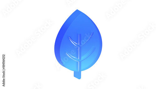 A 3D rendered leaf, emitting a gradient of blue hues. The glossy texture adds depth against a stark black background