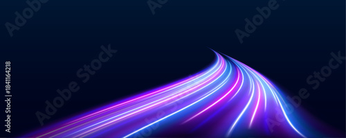 Twisting neon trails create an elegant wave effect. Light reflects in bright, glowing patterns. Ideal for tech posters and digital art.