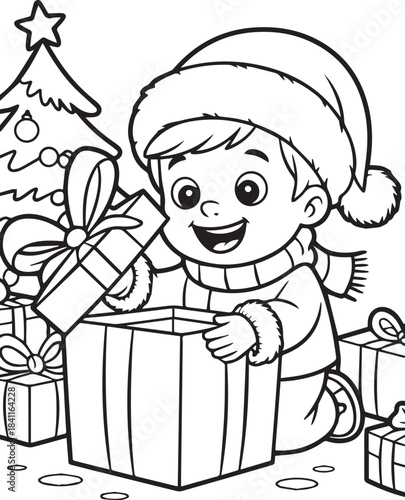 Happy child opens Christmas present under tree