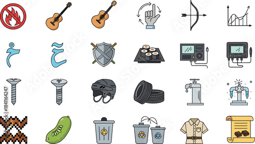 Collection of diverse icons showing objects, tools, symbols, food, clothing, technology, safety equipment, recycling items, and utilities in colorful minimal style, vector illustration