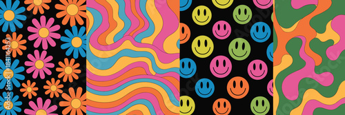 Psychedelic Retro Patterns Featuring Flowers Swirls and Smiley Faces Keywords: retro, psychedelic, groovy, 1970s, pattern, background, texture