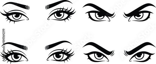 Collection of expressive female eyes showing various emotions, eyeliner makeup styles, dramatic lashes, bold eyebrows, beauty illustration, fashion vector design