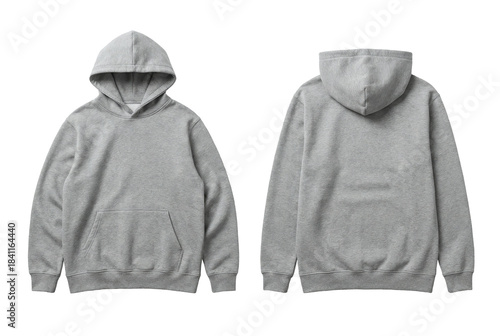 Blank Heather Grey Hoodie Mockup Front and Back View, Plain Pullover Sweatshirt with Kangaroo Pocket Template isolated on transparent background