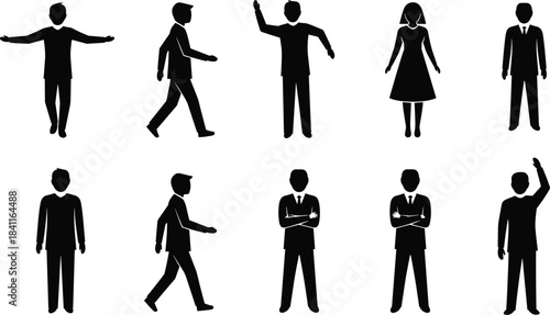 Collection of walking, standing and waving human silhouette figures in various poses, vector people icons for design, illustration and creative projects