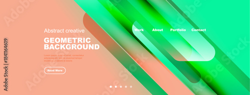 Modern website template features vibrant geometric shapes, gradients. Text elements present work, about, portfolio, contact options.